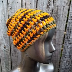 NWT Handmade Crochet Unisex Neon Orange and Camo Hat Size S-L